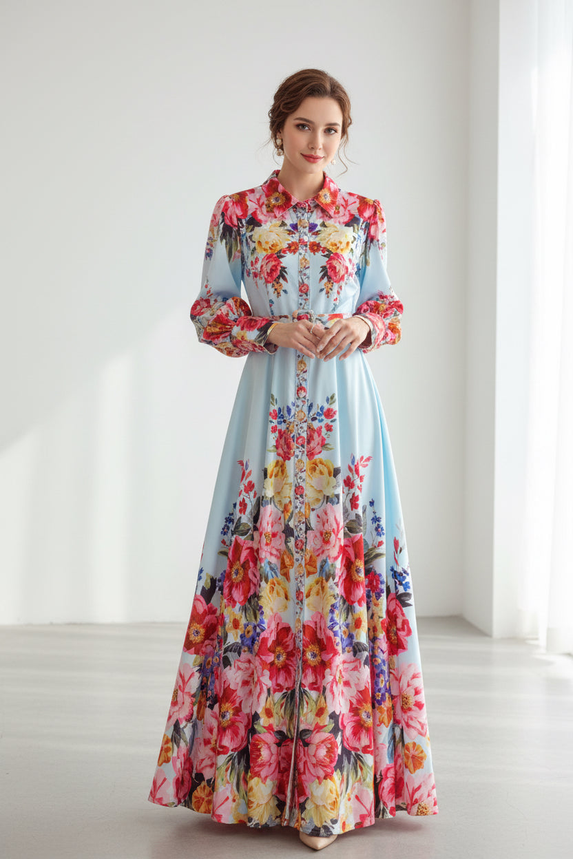 Colorful floral dress on a textured surface with decorative elements