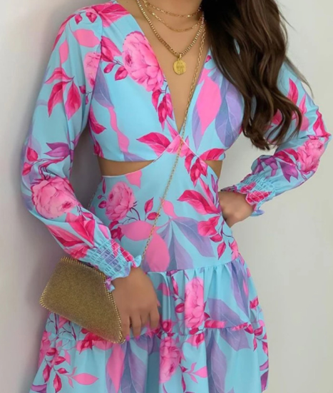 Spring Floral Long Sleeve Deep V Dress for Women 2022