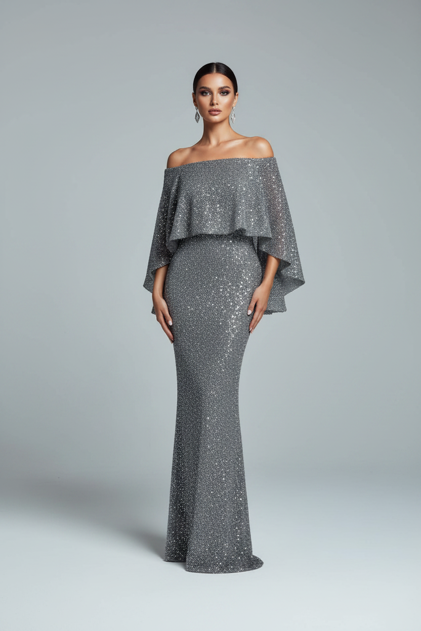 Woman wearing a sparkly silver off-shoulder outfit on a white background
