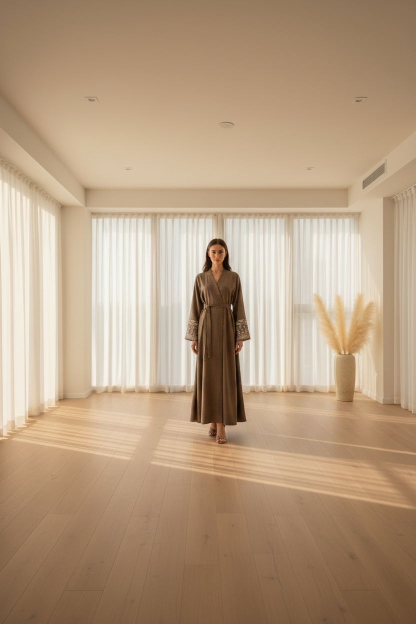 Brown dress with patterned cuffs on a mannequin against a white curtain background