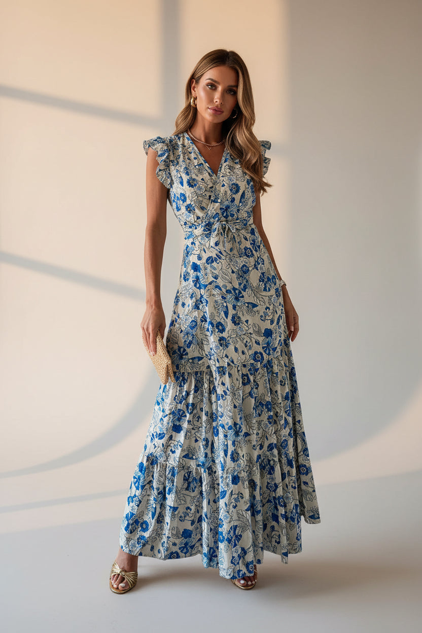 Woman wearing a floral dress on a white background
