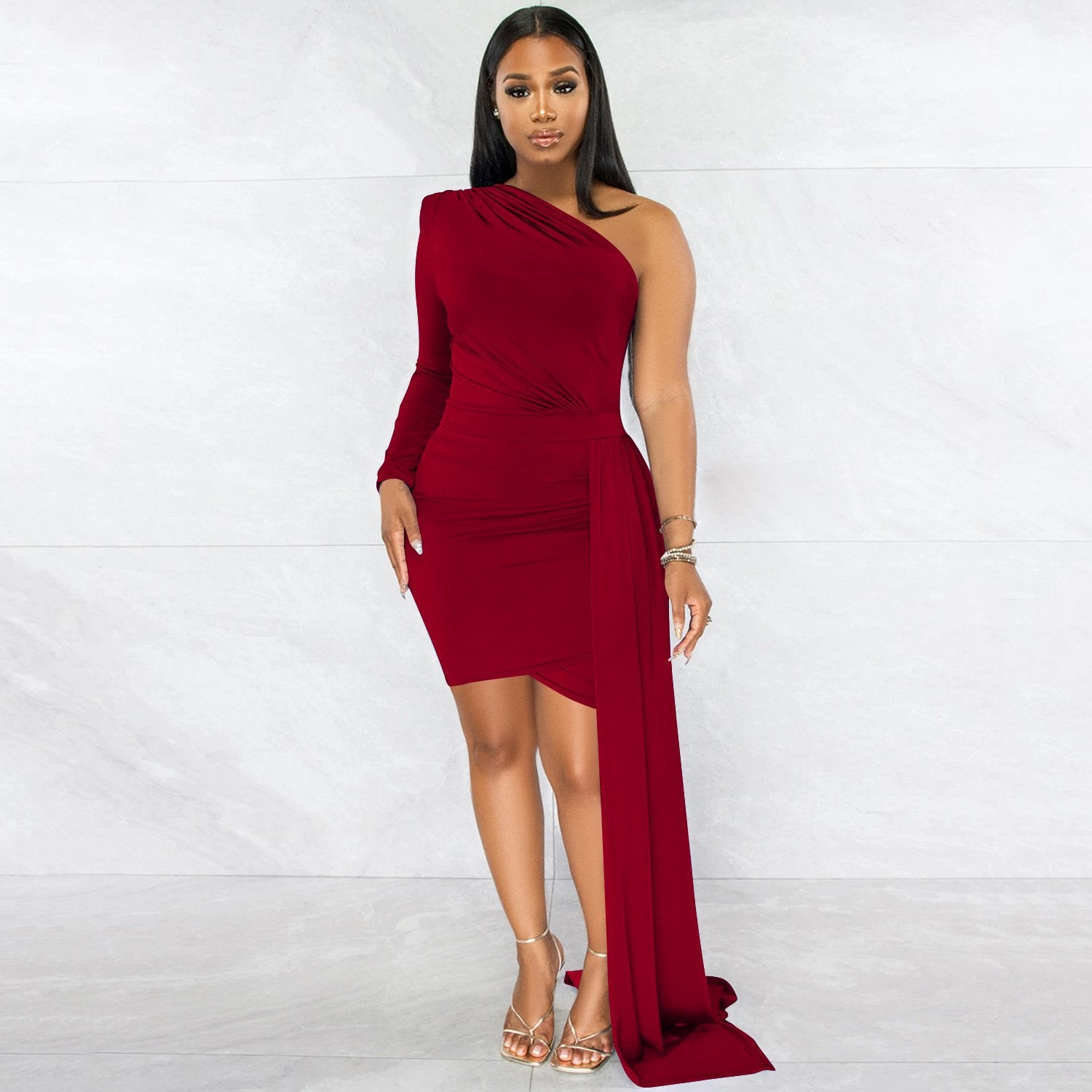 Pleated Slanted Shoulder Long Sleeve Dress for Women