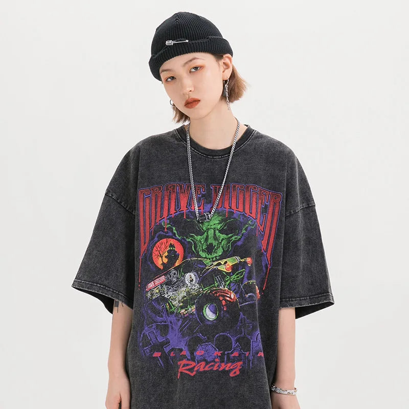 2024 Oversized Hip Hop Devil Racing T-Shirt for Men