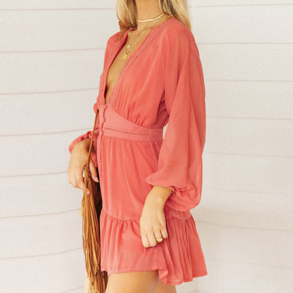 Coral Red Deep V-Neck Sheer Mini Dress for Spring/Summer