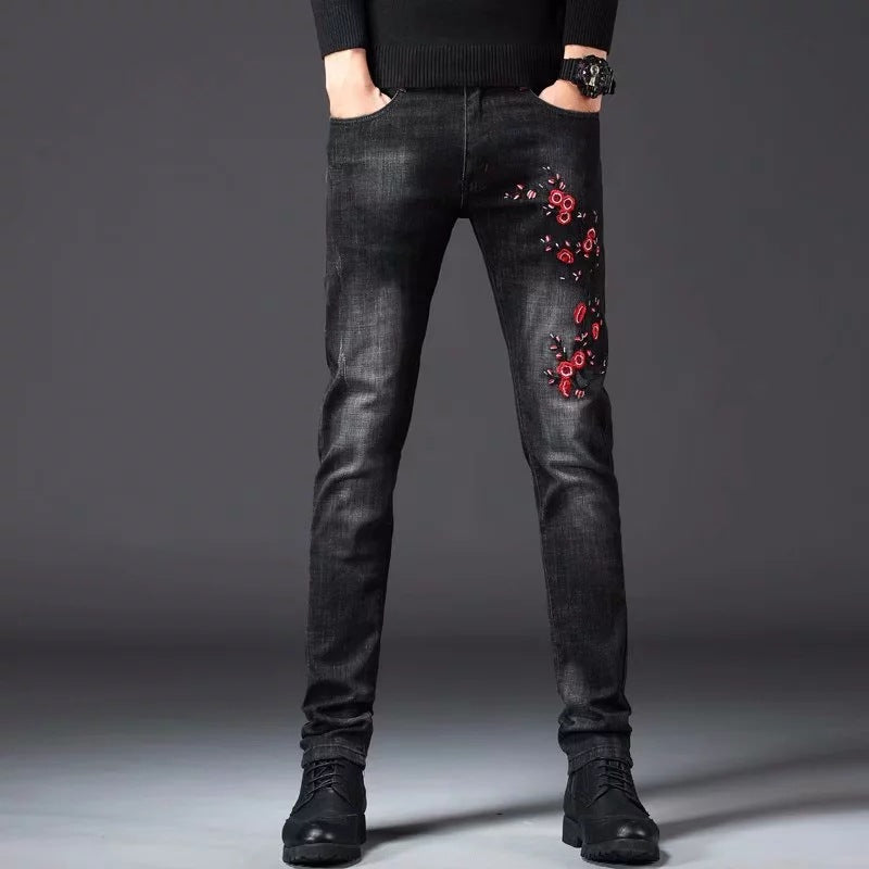 Winter Stretch Harem Pants, Embroidered Denim for Men