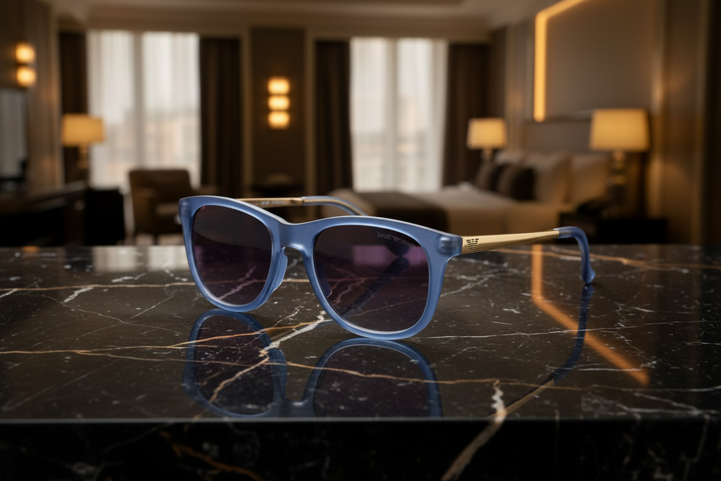 Blue sunglasses with gold accents on a white background