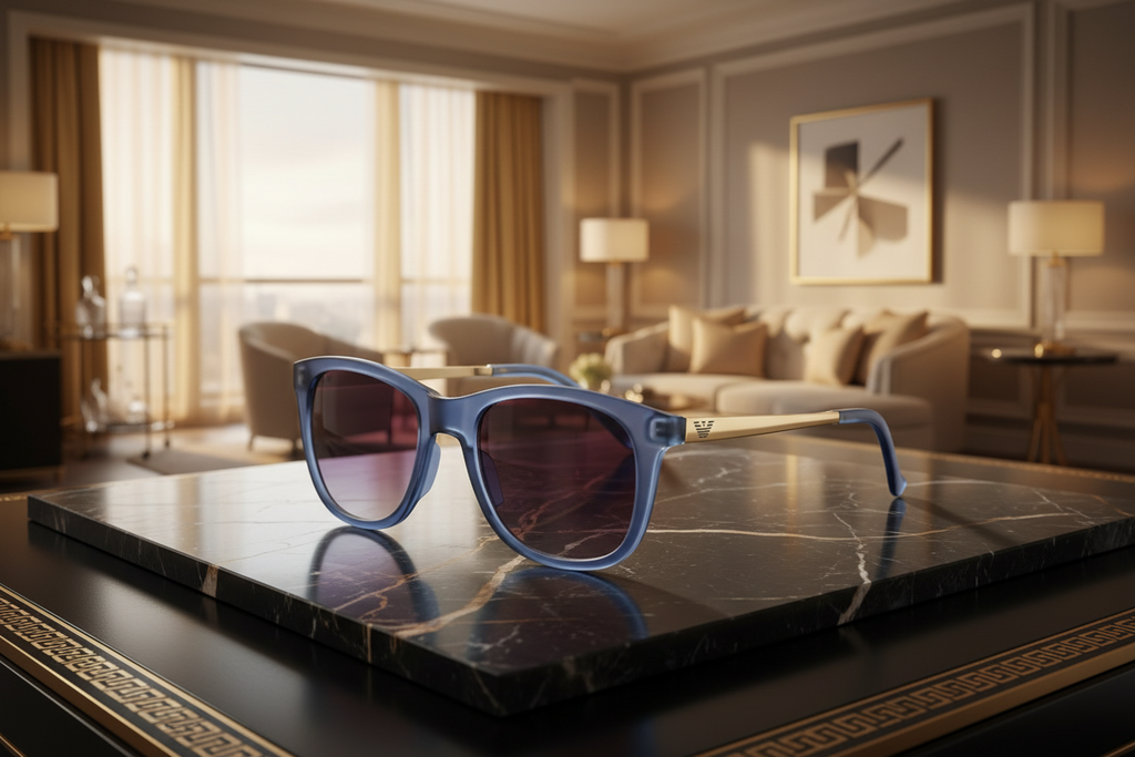 Blue sunglasses with gold accents on a white background