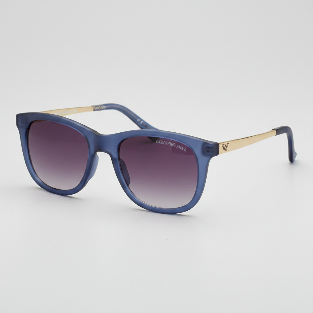 Blue sunglasses with gold accents on a white background