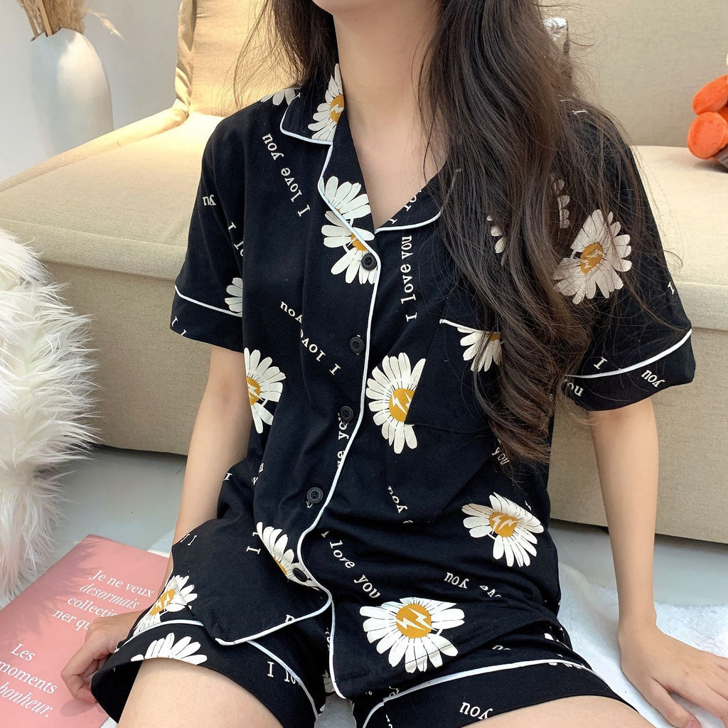 Summer Cotton Daisy Short Sleeve Pajama Set for Women