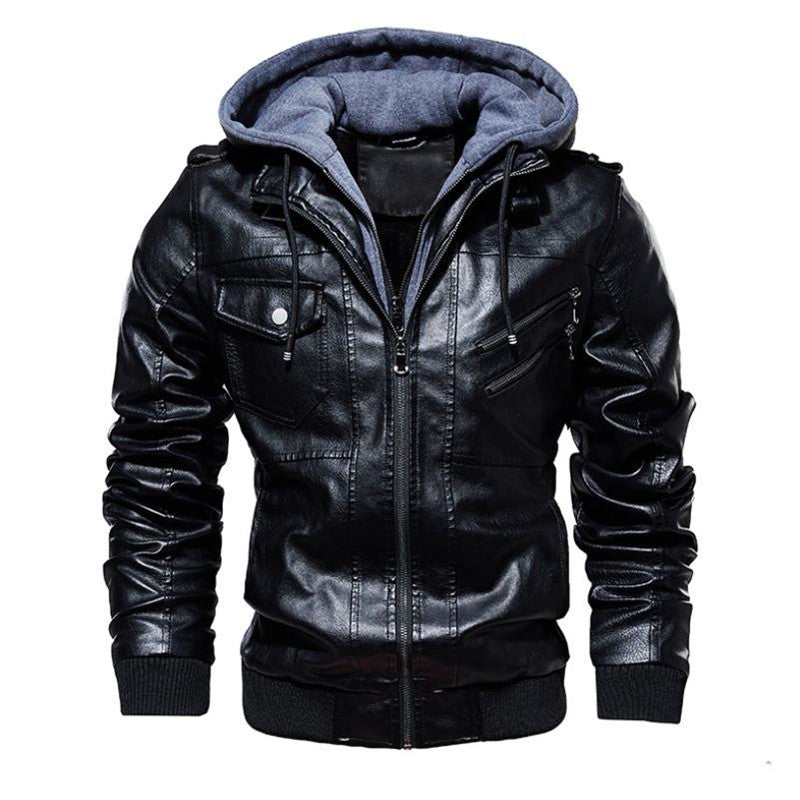 Plus Size PU Washable Hooded Leather Jacket with Zipper