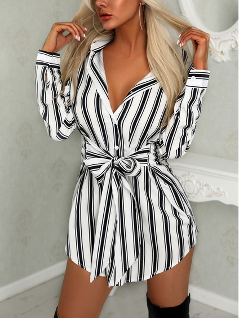 Stylish Striped Mid-Waist Dress for Spring and Autumn