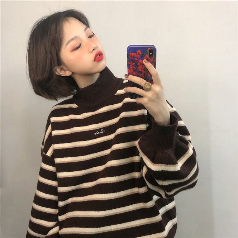 Women's Colorblock Striped Turtleneck Pullover Sweater