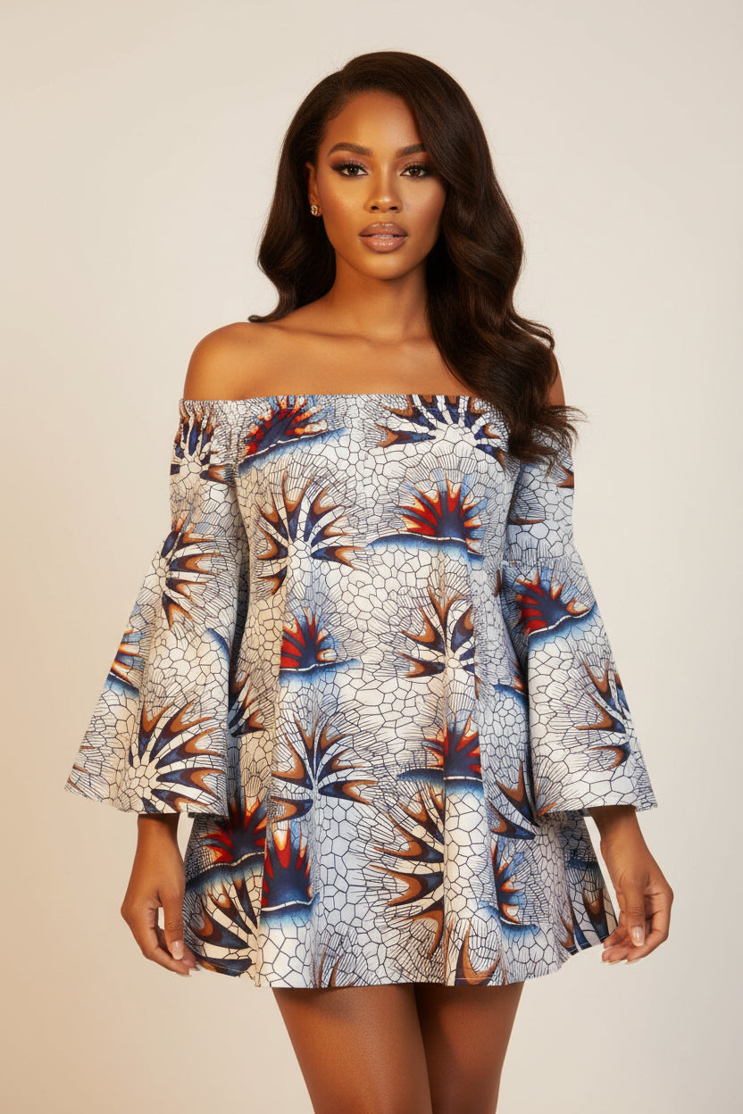 Skirt with a colorful geometric pattern on a white background