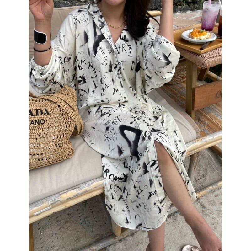Spring Blooming Print Mid-Length Puff Sleeve Dress
