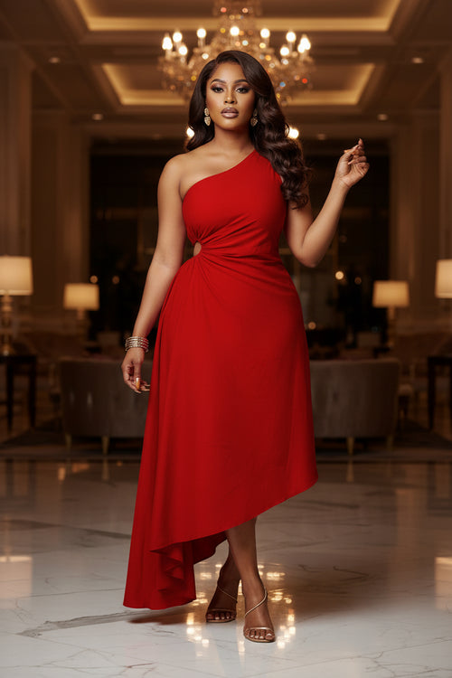 Woman wearing a red one-shoulder dress on a white background