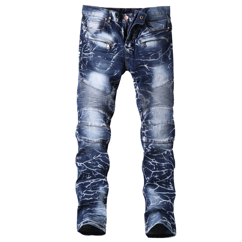 Zippered Floral Motorcycle Denim Pants for Men