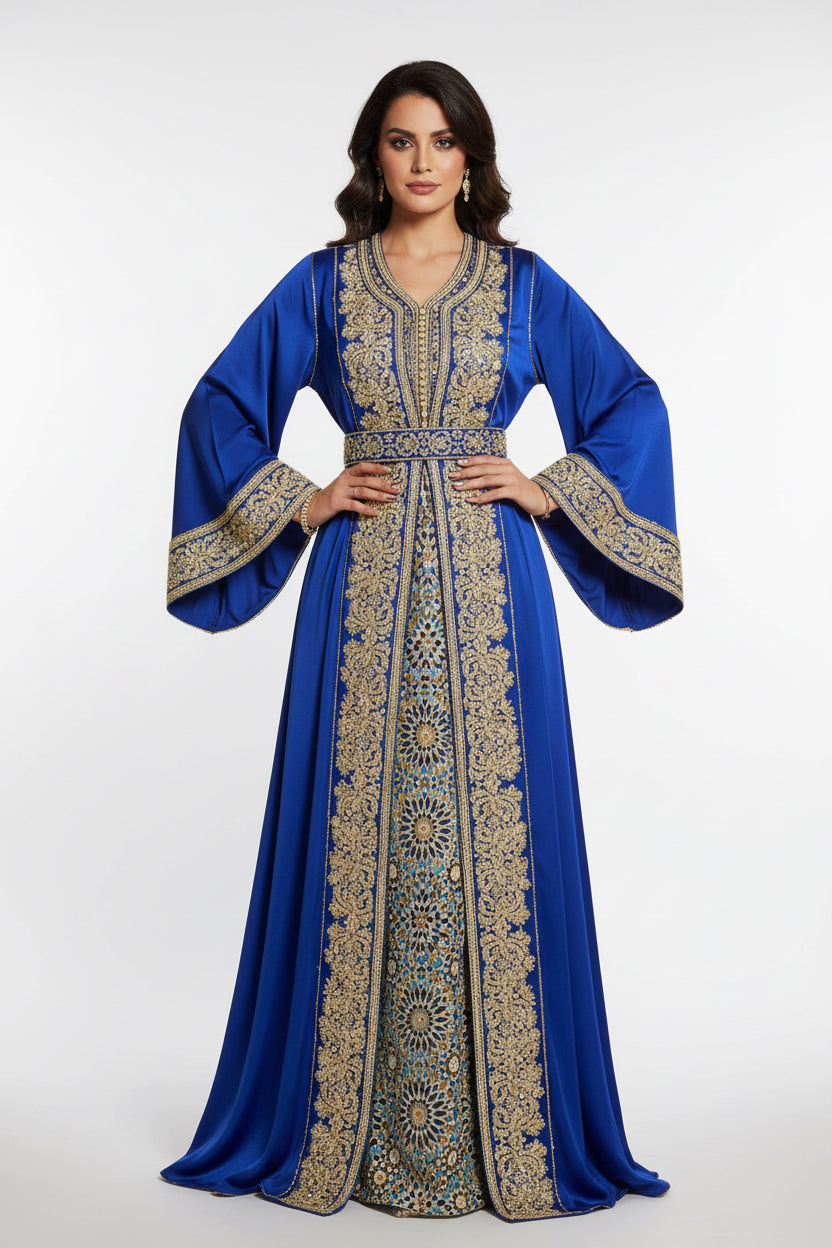 Blue dress with gold embroidery on a white background
