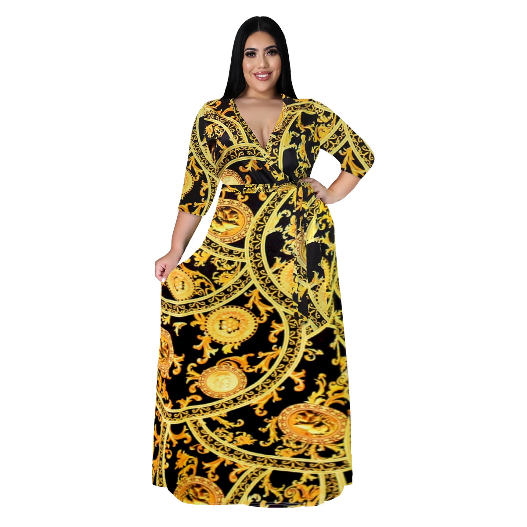 Women's Plus Size V-Neck Print Dress for Spring & Autumn