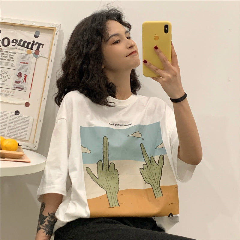 Cactus Print Loose Cotton T-Shirt for Women Summer