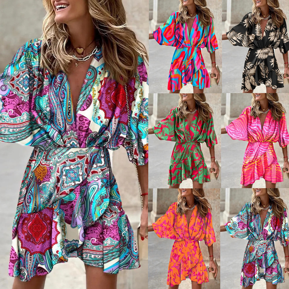 Summer Ladies Batman Sleeve V Neck Irregular Dress