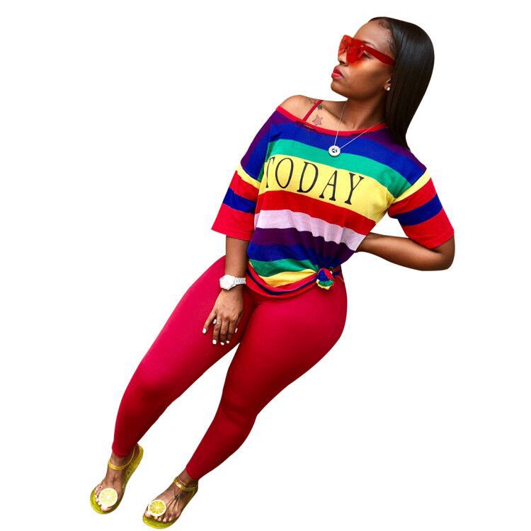 CX136 Rainbow Stripe 2-Piece Women's Set for EU/US