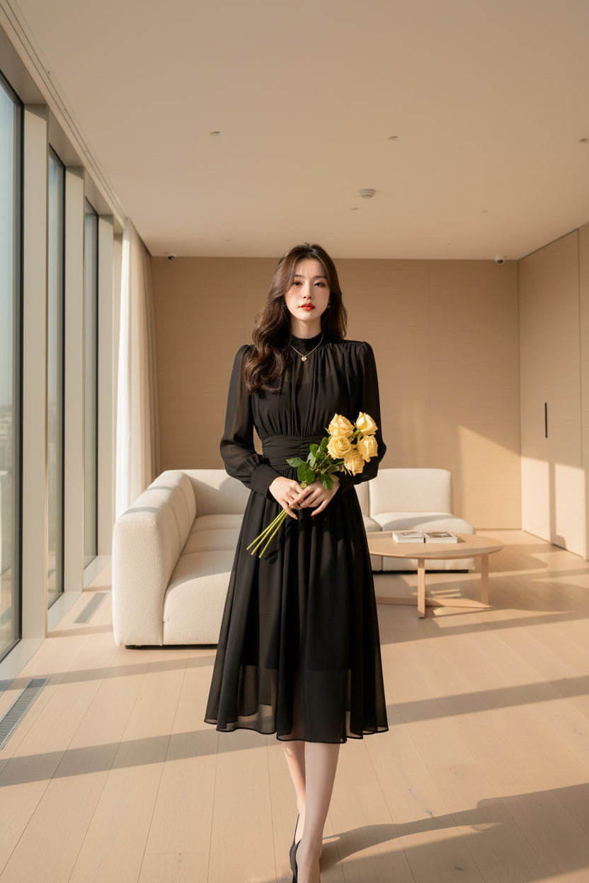 Woman in a black dress holding flowers in a kitchen.