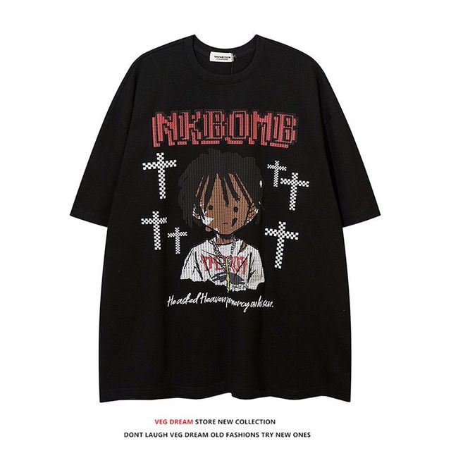Korean Retro Cartoon Printed Hip Hop T-Shirt for Men