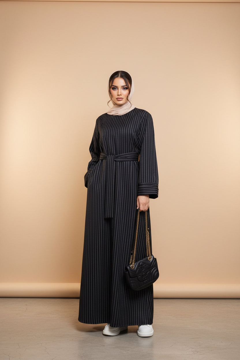 Person wearing a long dark blue dress holding a black handbag in an elegant room.