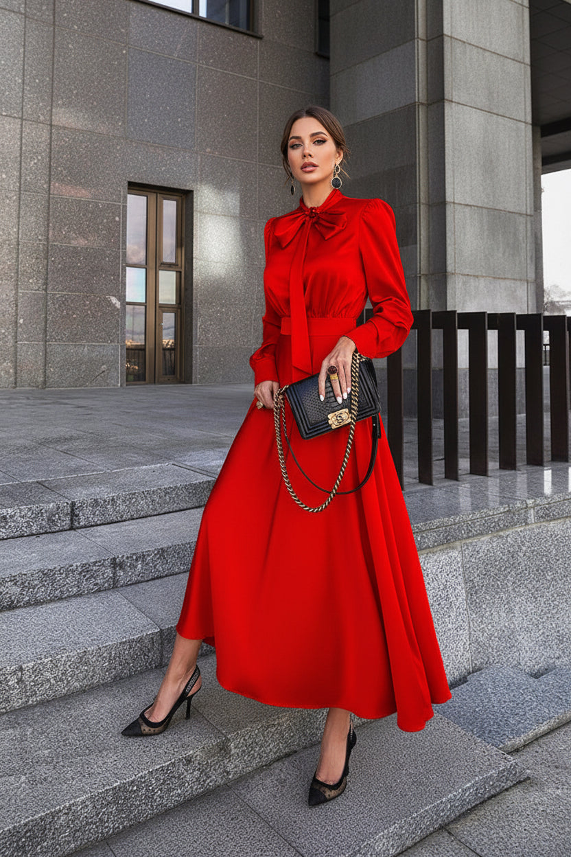 Person wearing a red dress with a large bow standing on stone steps.