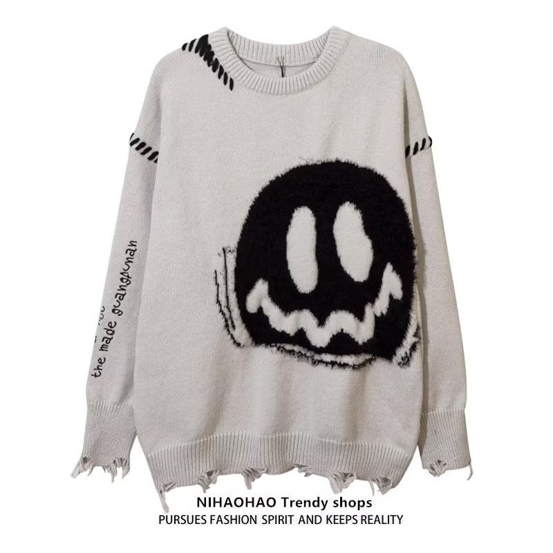Hip Hop Men’s Ripped Smiley Face Knitted Sweater