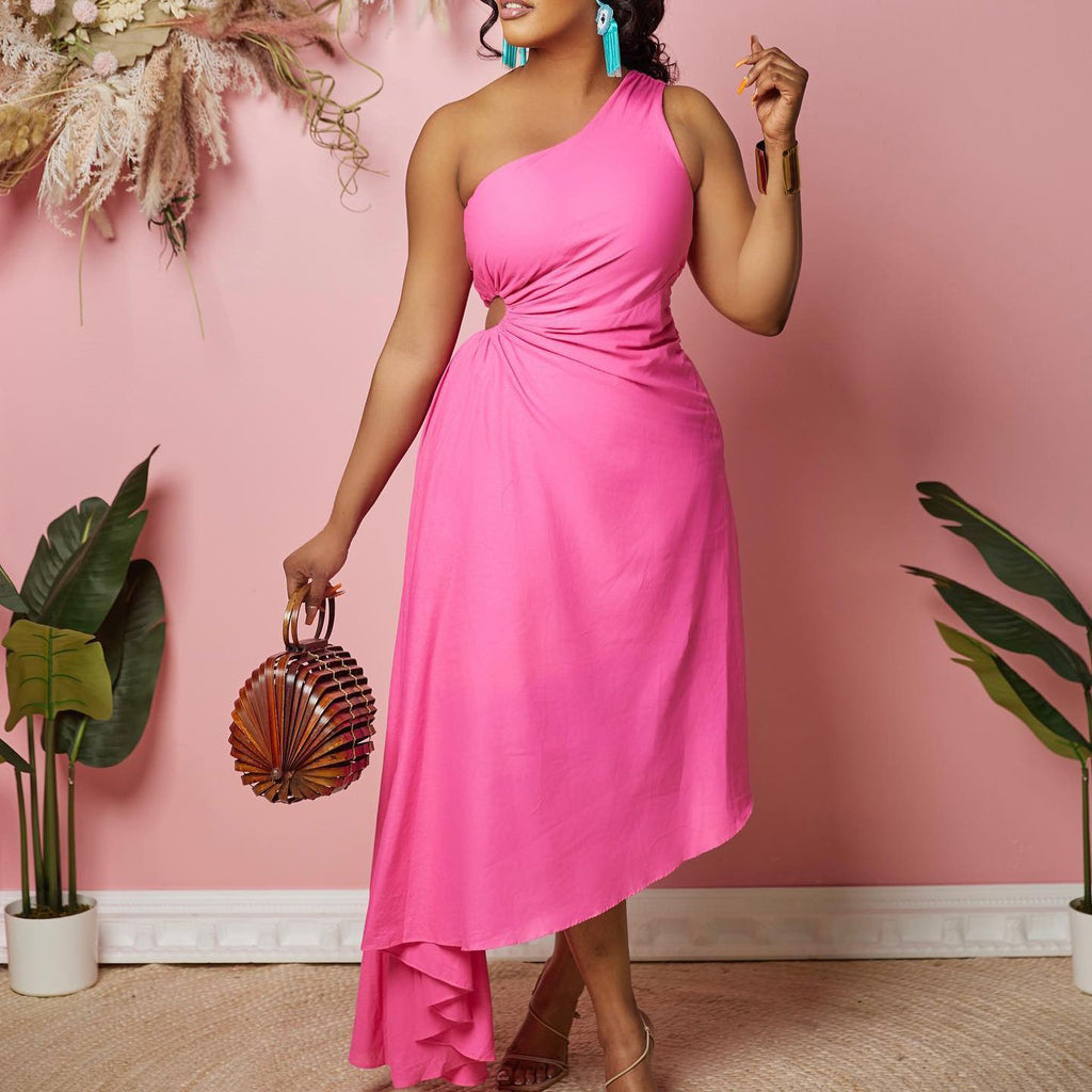 Evarisluxe Fashionable Diagonal Shoulder Dress