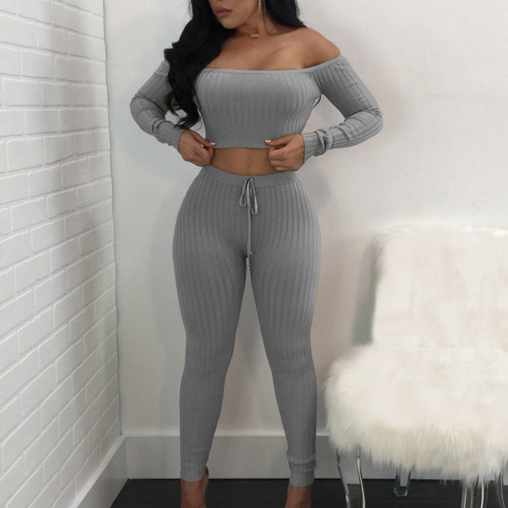 High Elastic Ribbed Long Pants Two-Piece Set