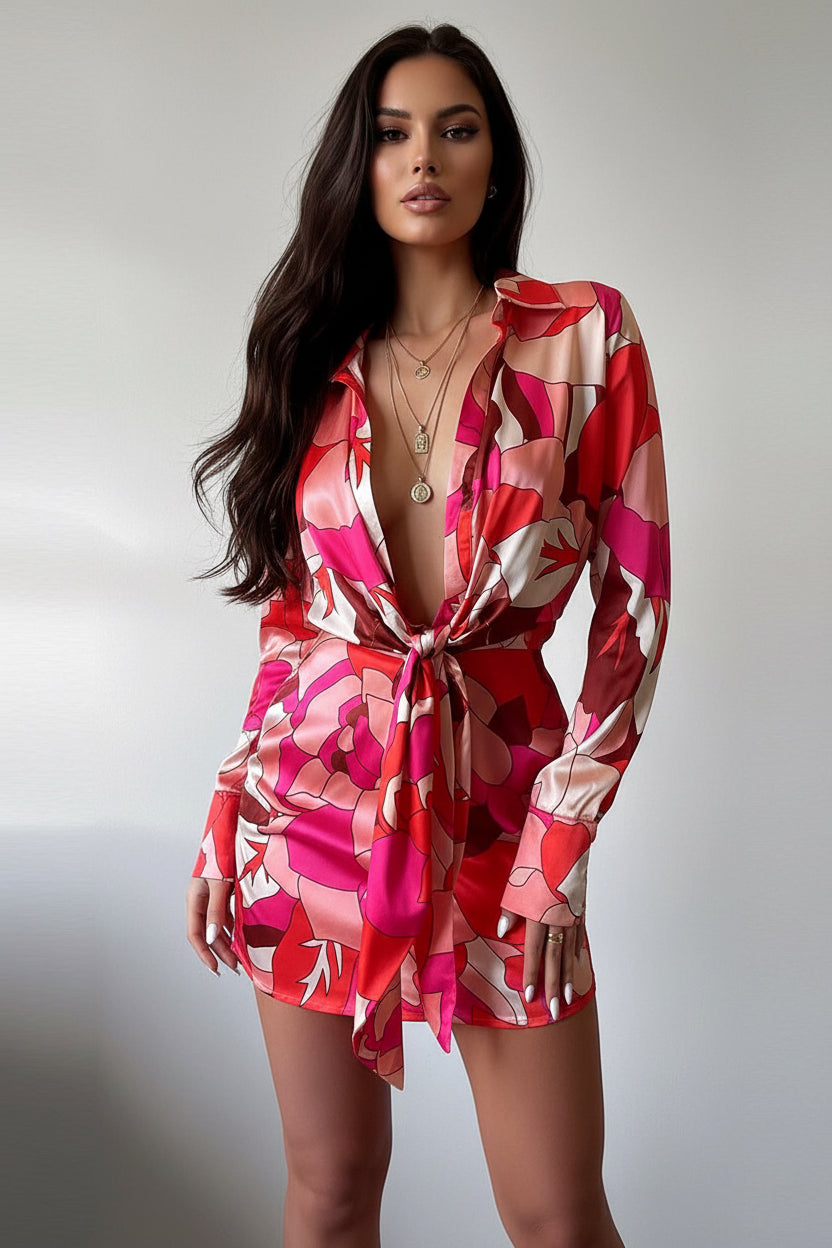 Red and pink patterned dress on a plain background