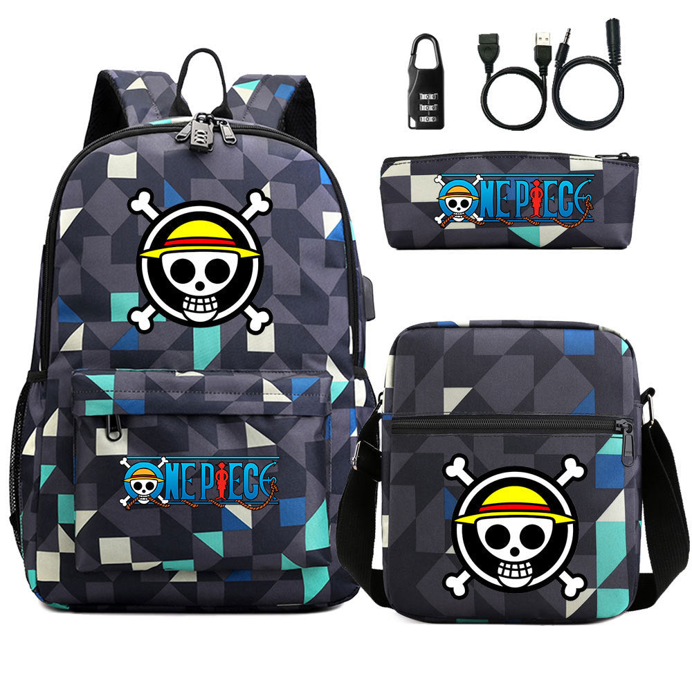 Cartoon One Piece USB Password Lock Backpack Set