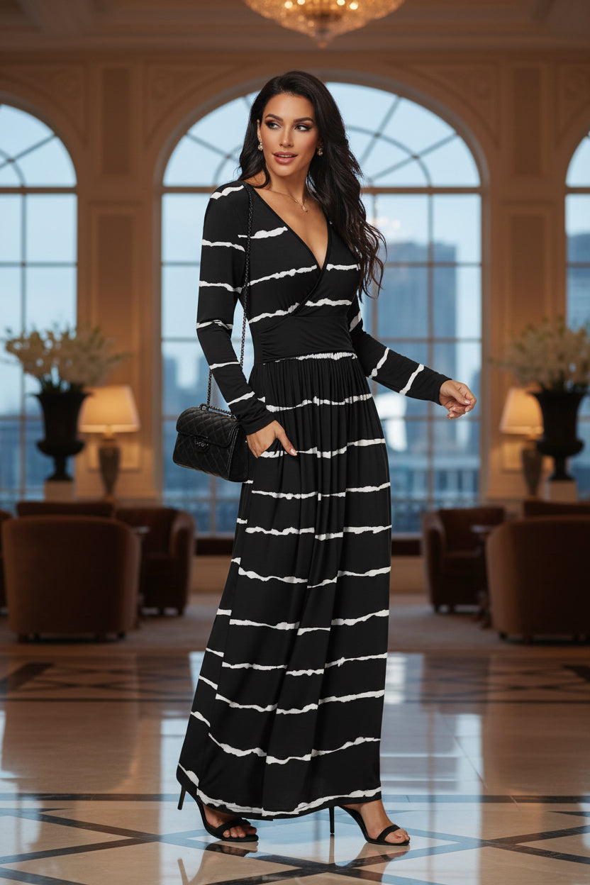 Woman wearing a black and white striped dress on a white background