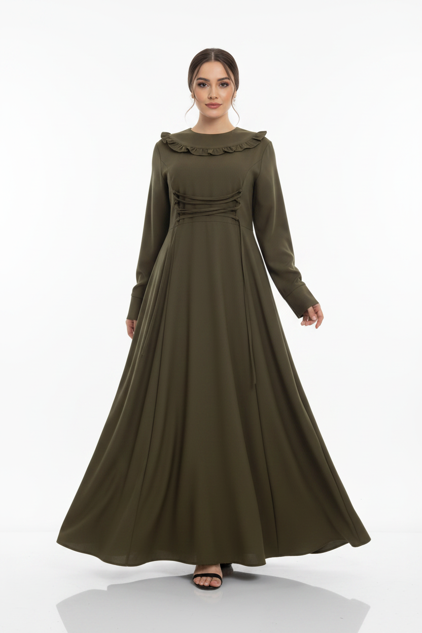 Olive green dress with long sleeves and a ruffled neckline on a white background