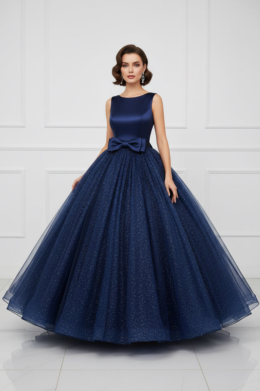 Blue dress with a large bow on a white background