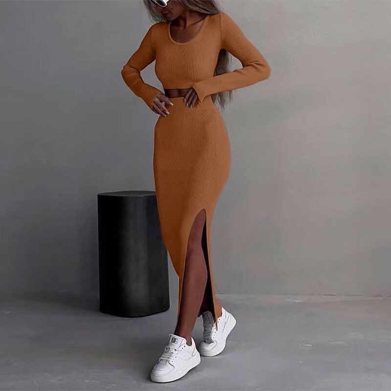 Elegant 2-Piece Women’s Dress Set – Long Sleeve & Slit Skirt