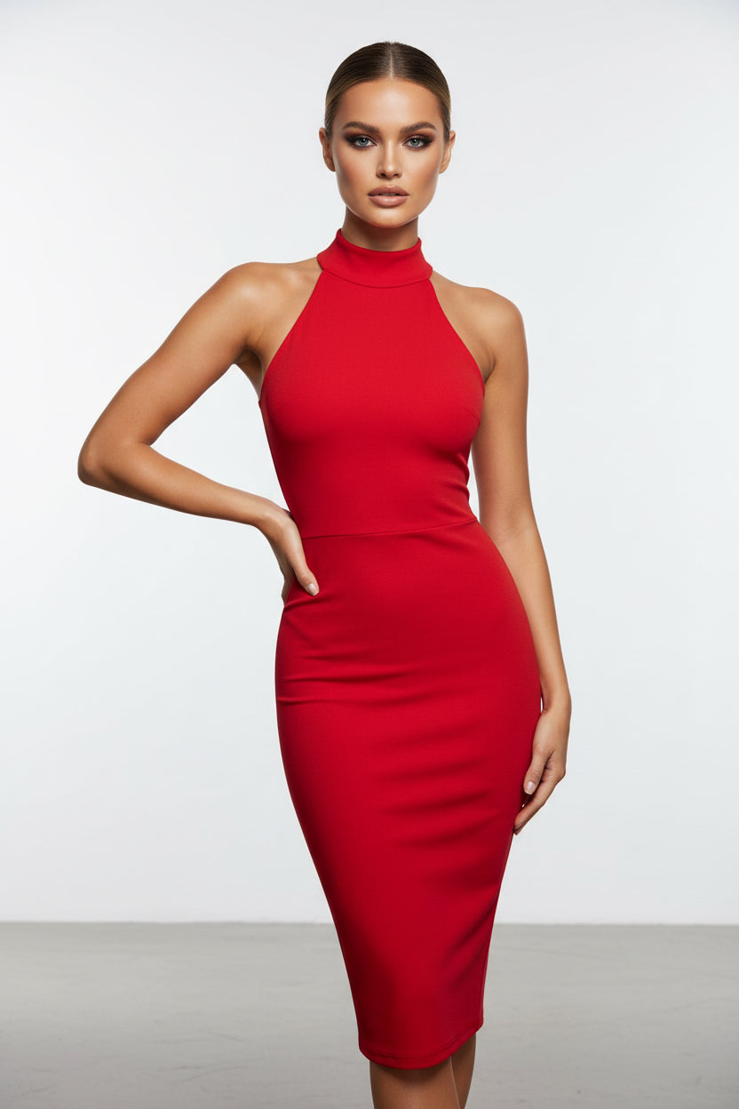 Person wearing a red dress against a pink wall