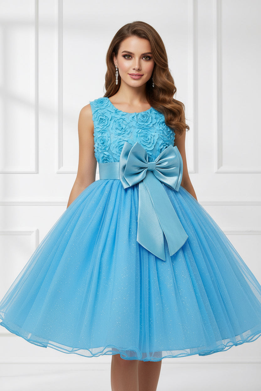 Blue dress with floral top and large bow on a white background