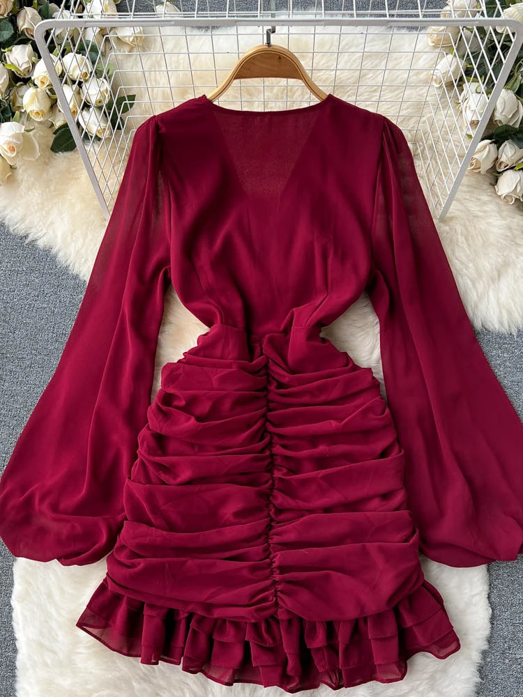 Early Spring V-Neck High-Waist Ruched Dress