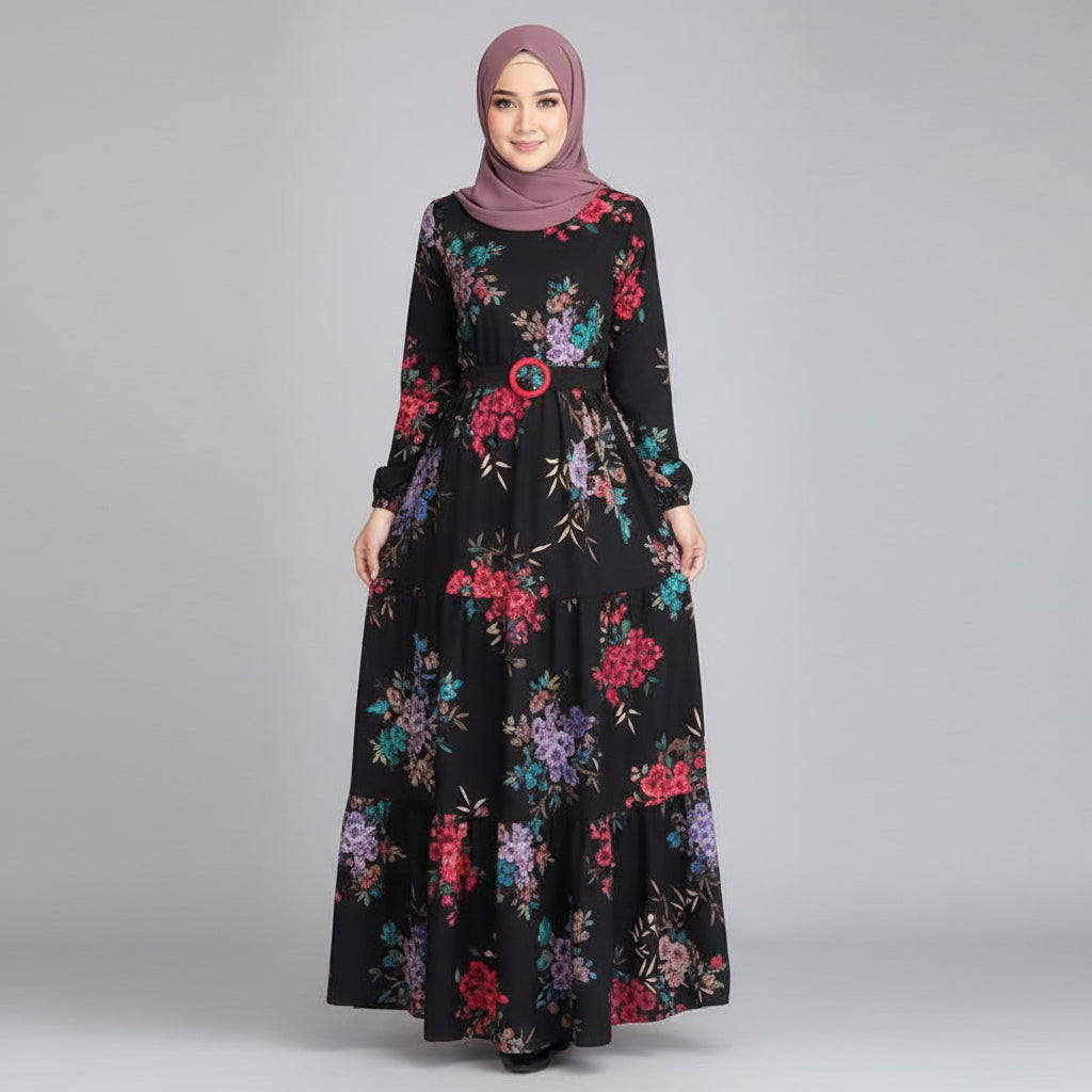 Woman wearing a black floral dress with different color schemes in a collage.