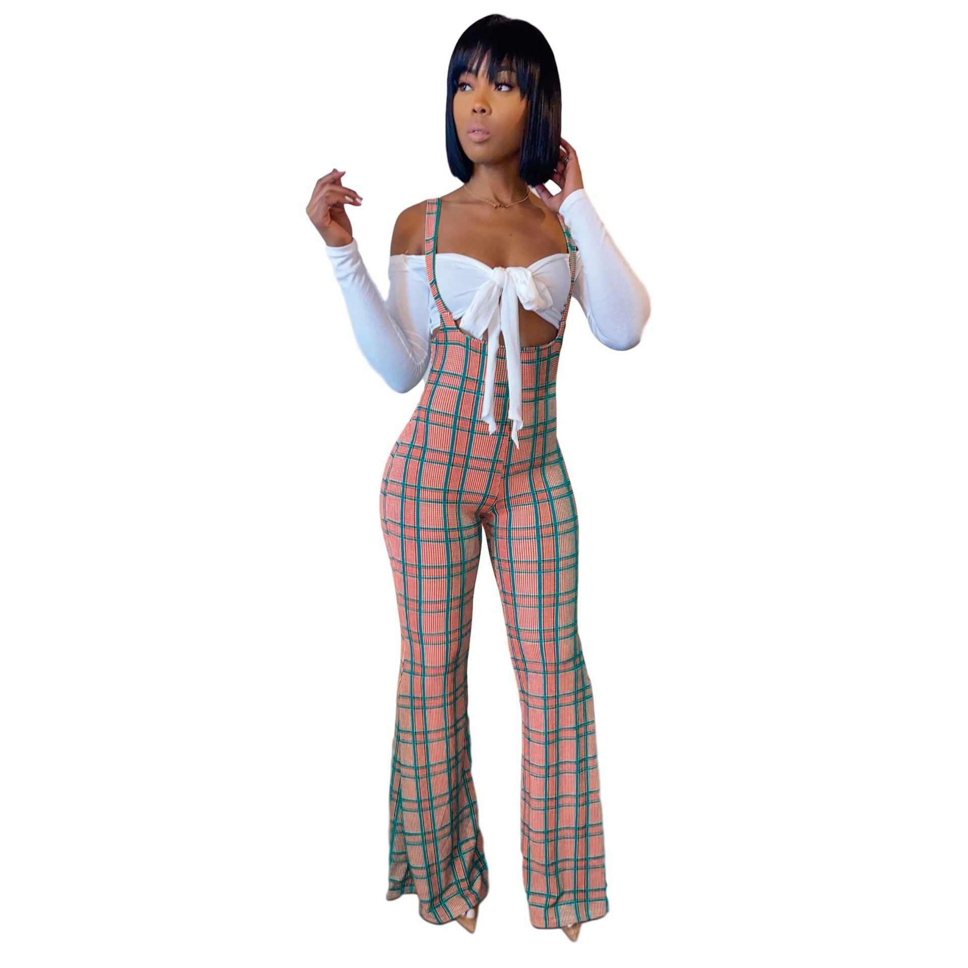 B2009 Checkered Print Bodysuit Two-Piece Set