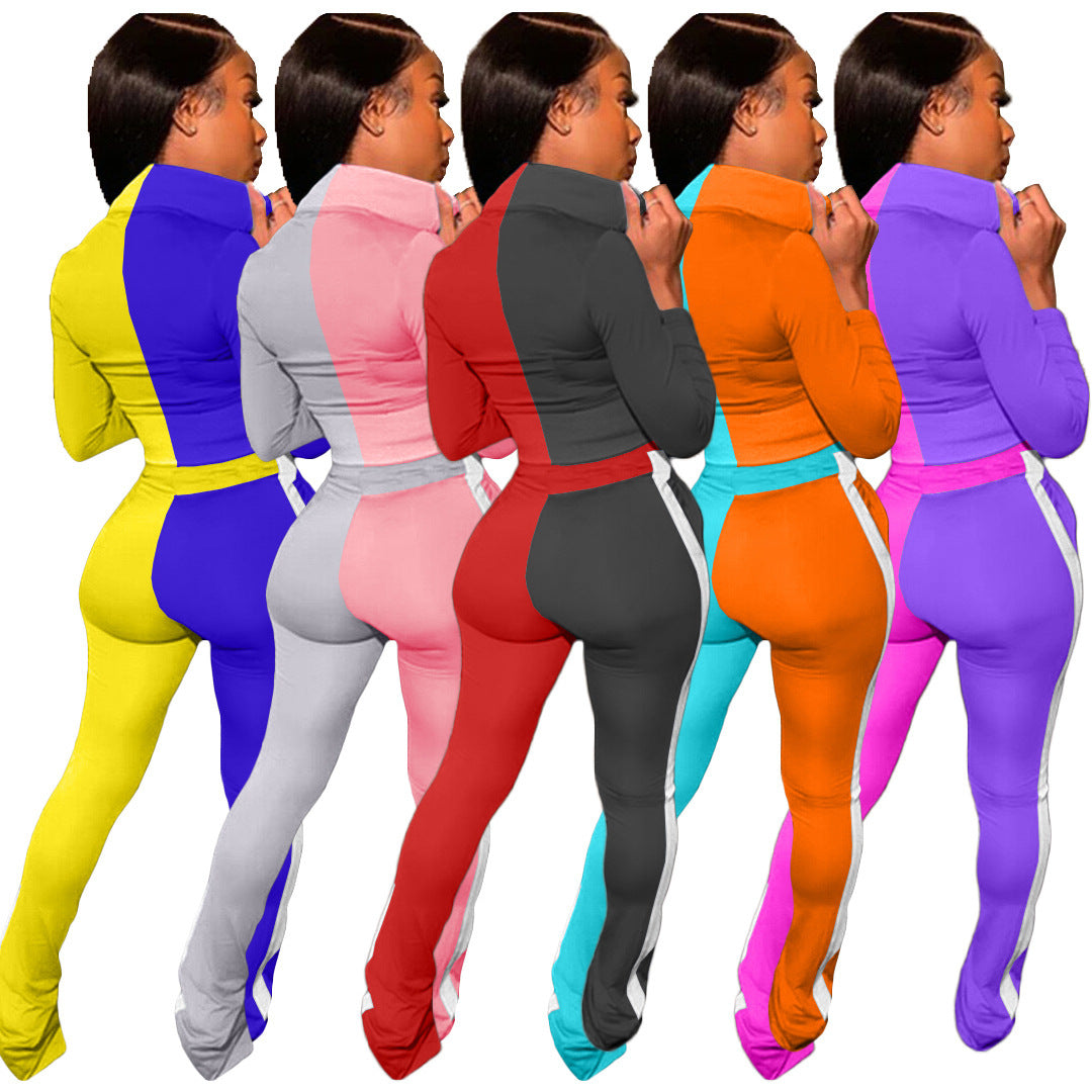 Fashionable Color-Blocked Sports Two-Piece Set for Women