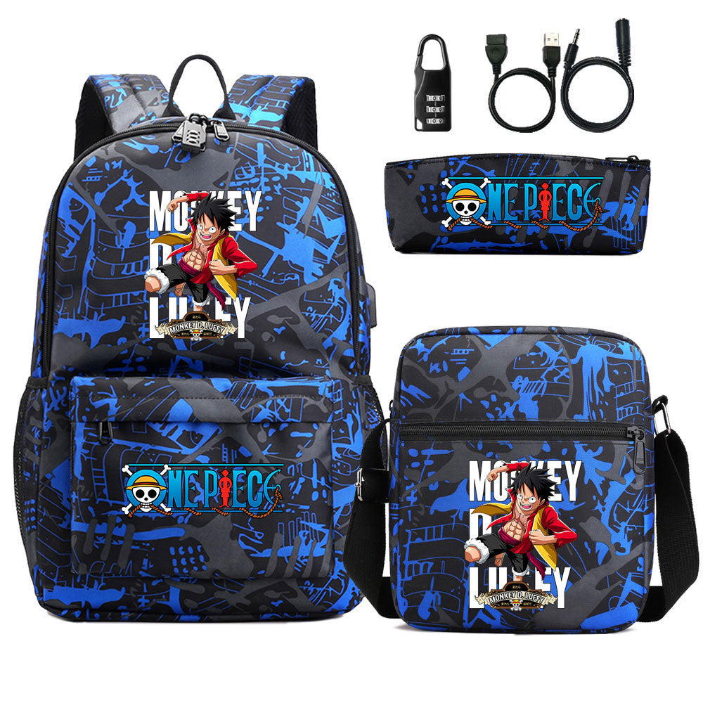 Cartoon One Piece USB Password Lock Backpack Set