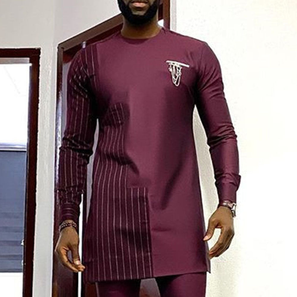 Deep Red African Ethnic Style Robe Shirt and Pants Set
