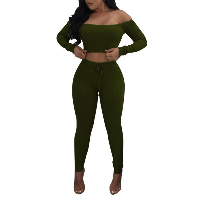 High Elastic Ribbed Long Pants Two-Piece Set