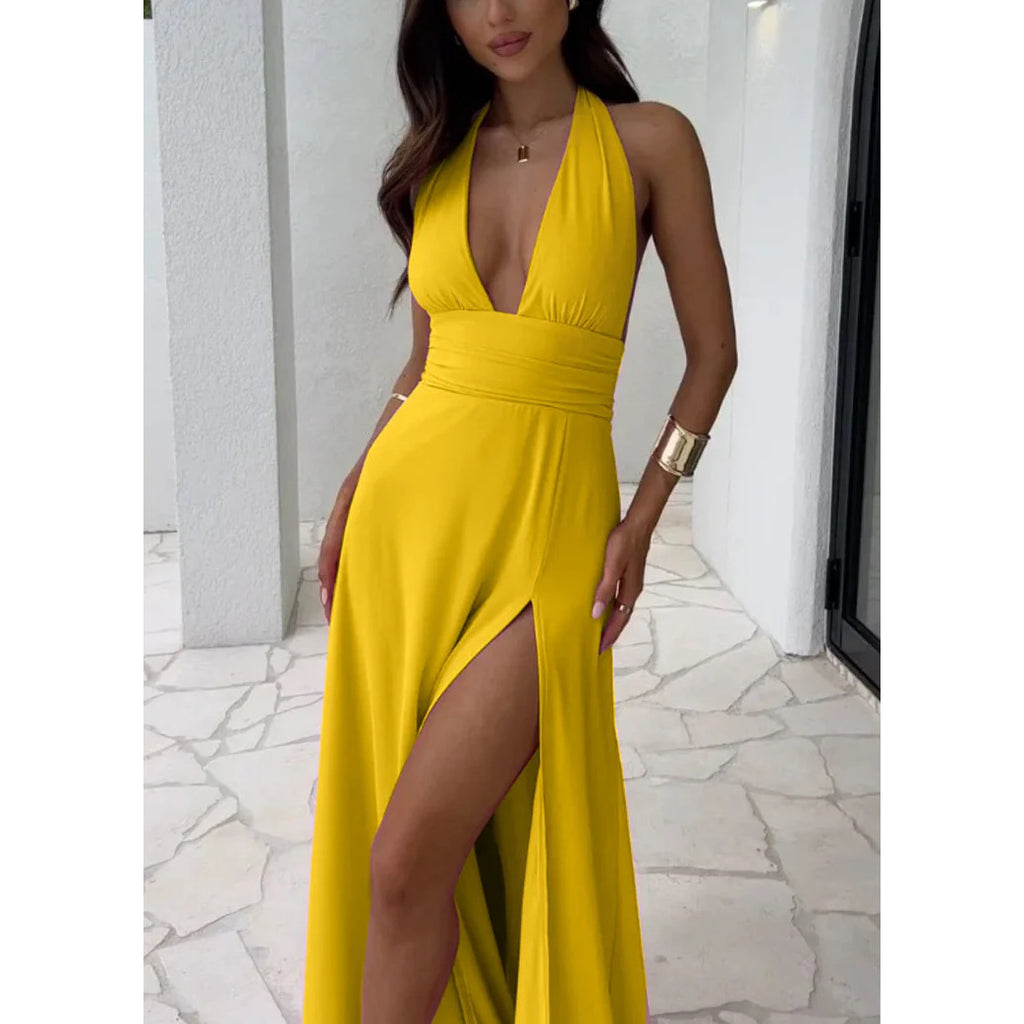 2024 Spring Sexy Split Neck Solid Dress for Women (One Piece)