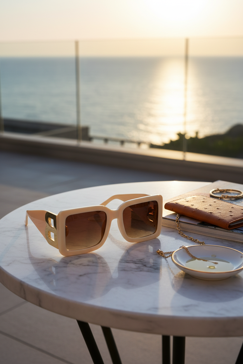Beige sunglasses with brown lenses on a white background 
