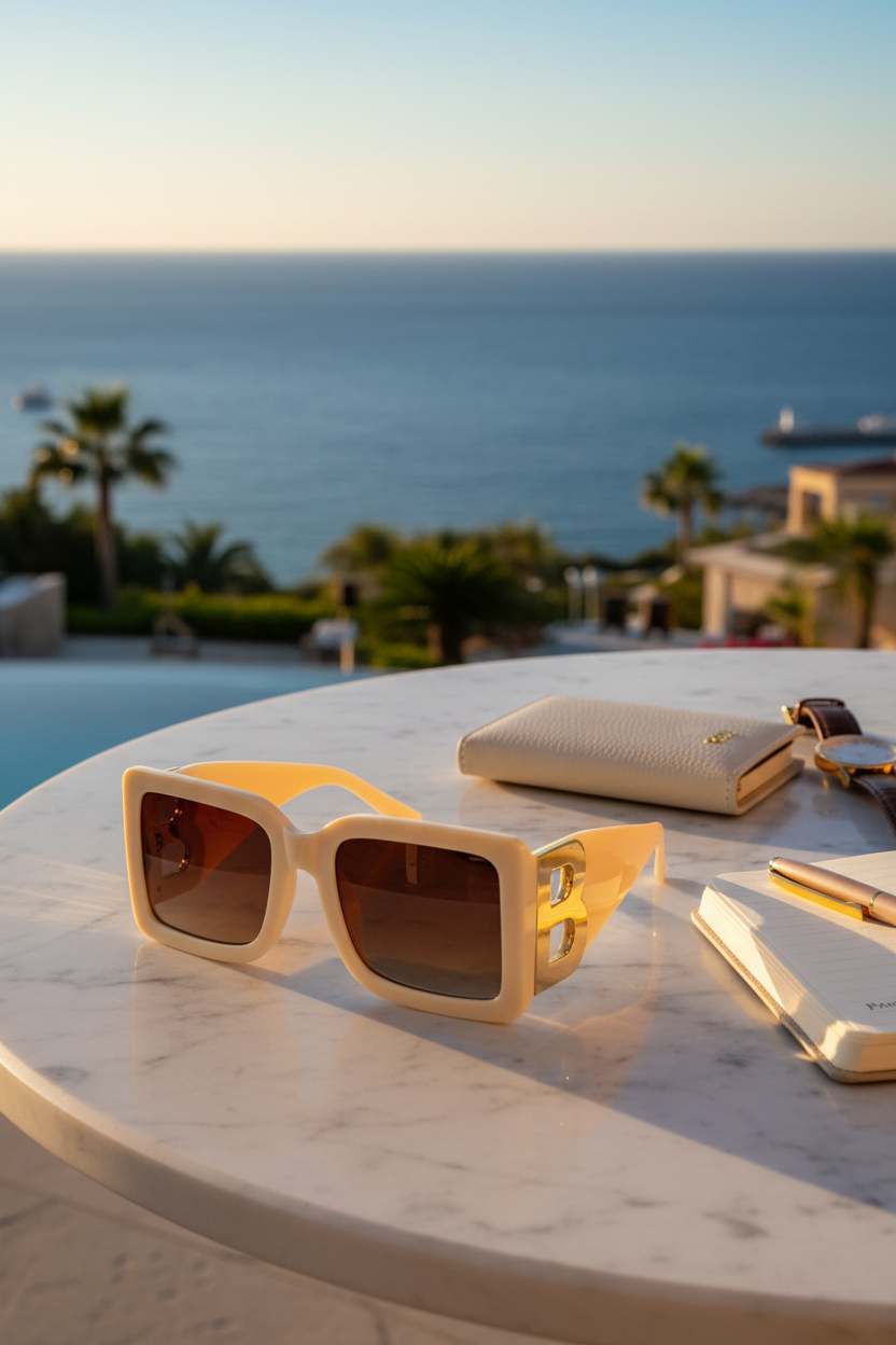 Beige sunglasses with brown lenses on a white background